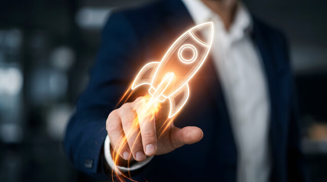 Hand activating a glowing rocket icon symbolizes digital startup acceleration product launch innovation and rapid market entry.