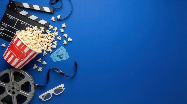 Flat lay composition with clapperboard, cinema tickets and popcorn on blue background, space for text.