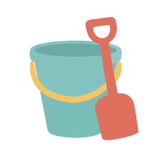 Obraz premium A charming flat vector illustration of a blue plastic beach bucket with a yellow handle and a red shovel, perfect for summer vacation concepts, childhood play, and outdoor seaside activity themes.