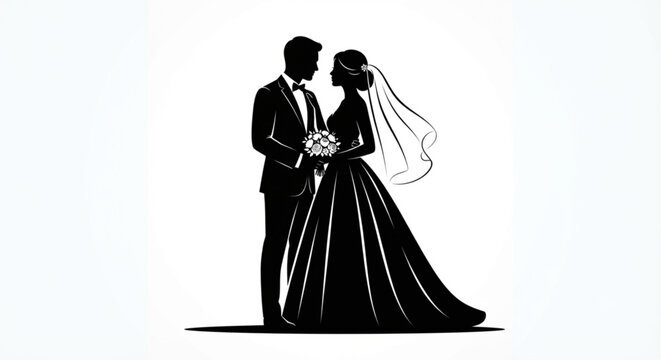 Elegant Black and White Wedding Couple Silhouette Vector Design