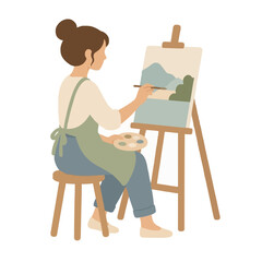 Fototapeta premium A female artist with brown hair in a bun wearing a green apron sitting on a stool painting a landscape on a canvas with an easel and palette in a flat vector illustration style showing creativity and