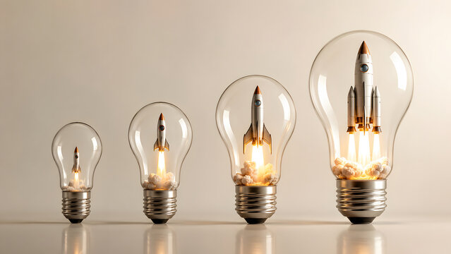 Growing light bulbs containing rockets represent startup development stages idea maturity innovation management and business scaling.