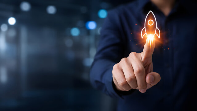 Finger touching a glowing rocket icon represents startup activation fast product launch digital transformation and strategic action.