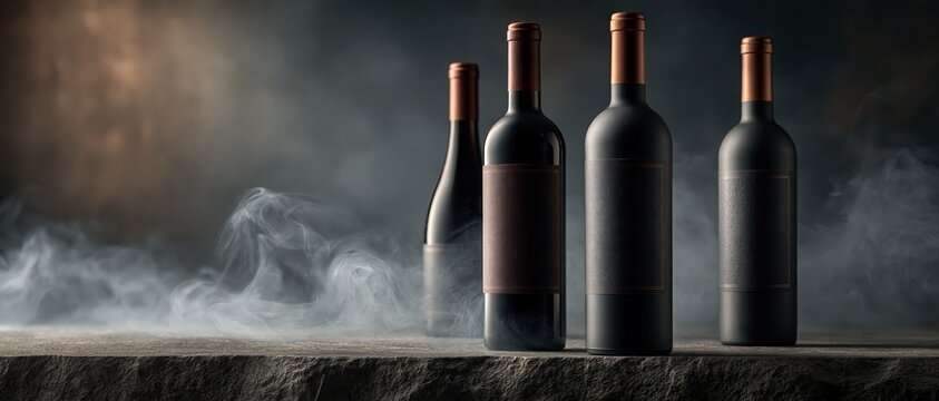 Moody, dramatic product shot of four dark matte wine bottles with copper caps on a stone ledge, swirling smoke adding mystery. Perfect for premium wine branding, label mockups, and upscale.