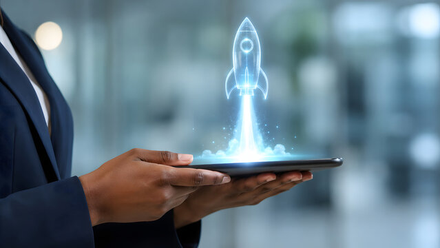 Blue holographic rocket launching from a tablet represents cloud startup deployment enterprise technology and rapid digital growth.