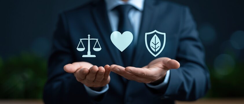 Corporate leader balancing justice, compassion, and eco protection ideal for ESG reports, CSR campaigns, legal services, and ethical business storytelling. Dark professional tone.