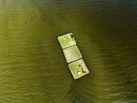Aerial view of a rectangular floating raft used for cultivation on the water with two people standing on it in Kushtia, Khulna Division, Bangladesh.