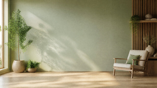 Minimalist living room interior with sage green textured wall, wooden armchair, and potted plants in natural sunlight. A serene, modern home decor background perfect for lifestyle advertising