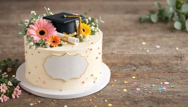 A beautiful graduation cake decorated with flowers and a mortarboard