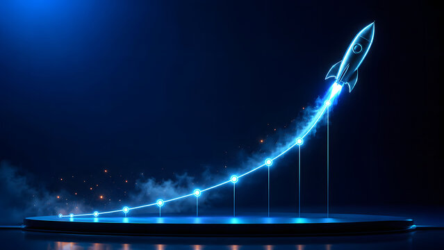 Rocket following a glowing blue growth curve represents startup scaling market performance financial progress and business momentum.