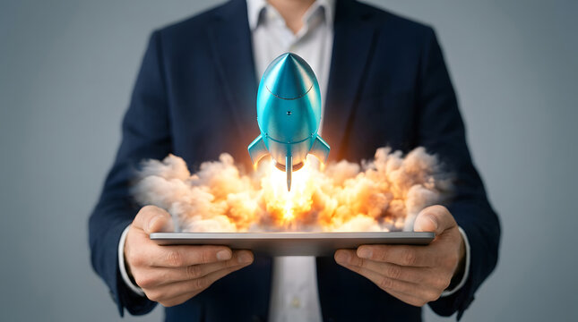 Man holding a tablet with a launching rocket represents business acceleration product rollout company scaling and market expansion.