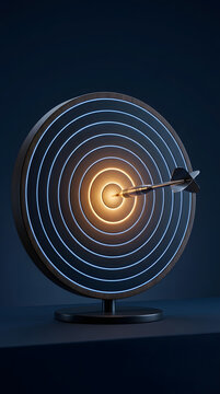 Arrow hitting the center of a blue target represents precise business goals strategic focus market targeting and measurable success.