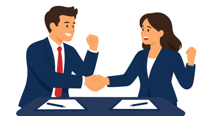 Fototapeta premium Smiling businessman and businesswoman celebrating a signed agreement with a handshake and raised fists, clean flat vector illustration about contracts, partnerships, negotiation, and corporate success