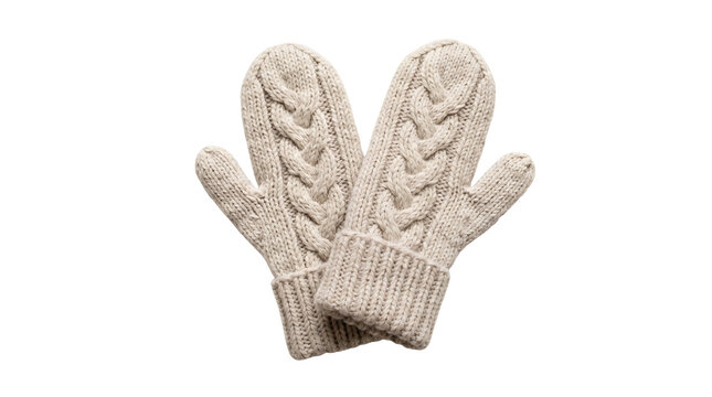 Pair of beige cable knit mittens with ribbed cuffs and textured braided pattern isolated on transparent background, winter, knitwear, cutout, png, no background, cozy, warm, handmade, wool, fashion