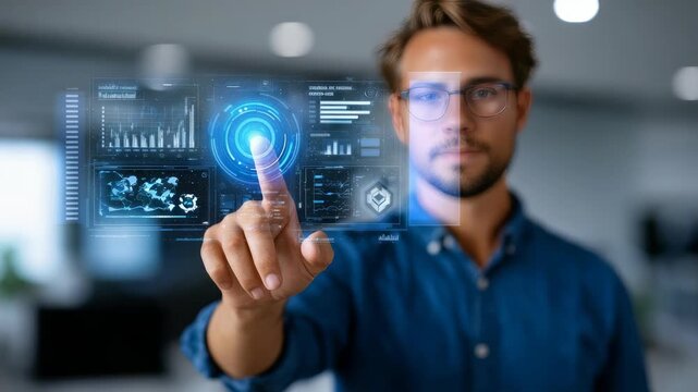 Confident young man interacts with futuristic virtual interface in modern office, focusing on digital innovation and technology. He navigates data visualization with advanced touch controls