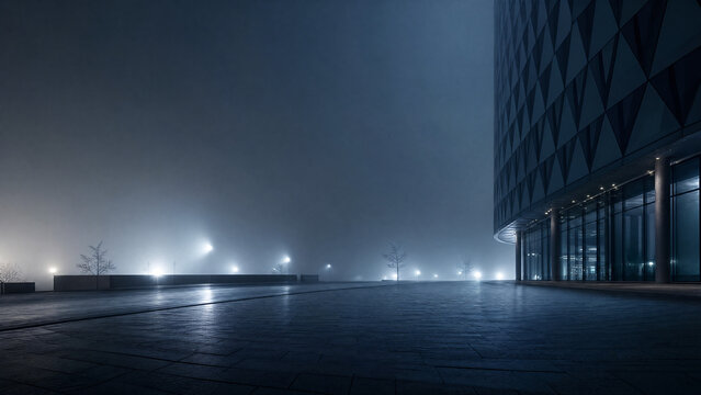 Modern architectural glass office building exterior at night with foggy atmosphere and glowing street lights on a paved plaza, representing corporate mystery, urban solitude, and futuristic