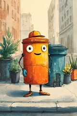 Obraz premium Whimsical cartoon trash can with arms and cap in a friendly street setting