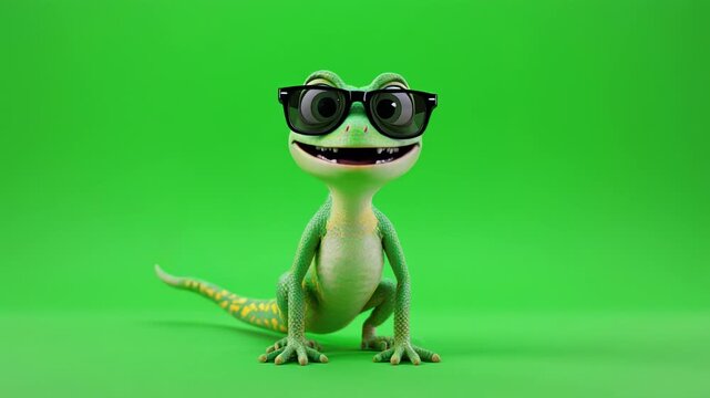 Cool cartoon lizard wearing sunglasses dancing with joy against a green screen background