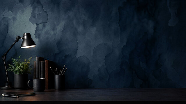 Minimalist Dark Workspace Background with Desk Lamp, Books, and Plant against an Abstract Navy Blue Watercolor Wall, Perfect for Professional Creative Projects and Modern Office Concept