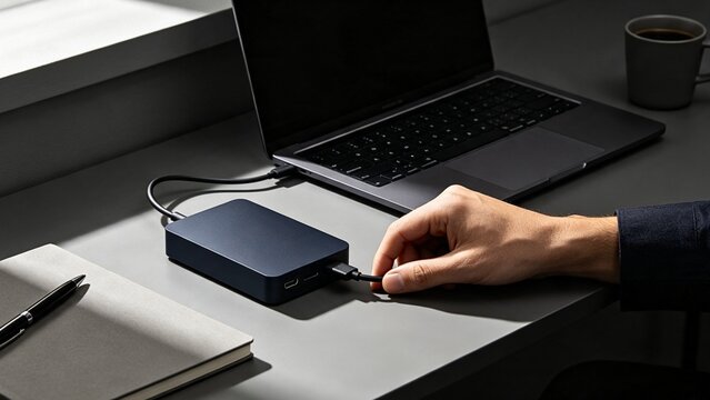 Professional Connecting Portable External Storage Drive To Laptop Inside Modern Workspace Setup