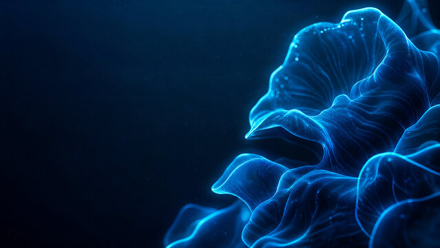 Abstract glowing blue organic wave shapes on a dark background, conceptual digital art representing energy, fluid motion, technology, and futuristic innovation for modern advertising and design