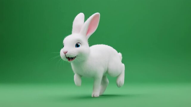 Cute white rabbit hopping and running across a vibrant green studio background with subtle cinematic motion
