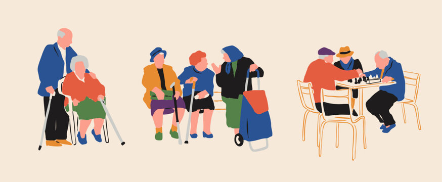 Senior couple, old people playing chess, having conversation, spending time together. Friends, grandparents, retirement, active life concept. Hand drawn Vector illustration. Isolated design elements