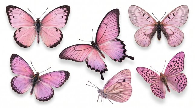 Collection of pink butterflies isolated on white background