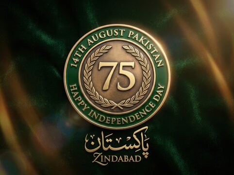 75th pakistan independence day golden medallion with laurel wreath and urdu text on dark green velvet background