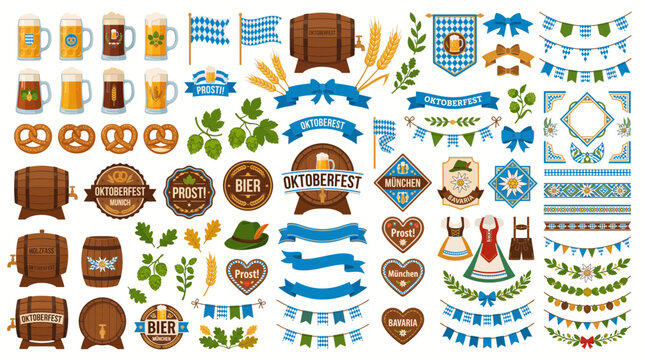 A vibrant Oktoberfest celebration icon collection featuring traditional Bavarian festival elements, beer mugs, pretzels, and decorative banners