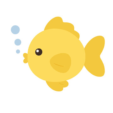 A delightful flat vector illustration of a cute yellow fish swimming and blowing small blue bubbles, featuring a simple minimalist style ideal for aquatic themes, children's decor, and marine art.
