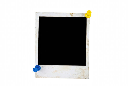 Vintage Stained Instant Photo Frame with Yellow and Blue Thumbtacks