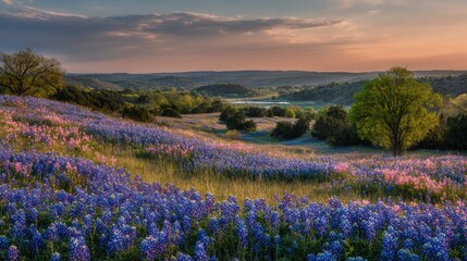 Fototapeta premium Wildflower landscape of bluebonnets under a warm, painterly Texas sky