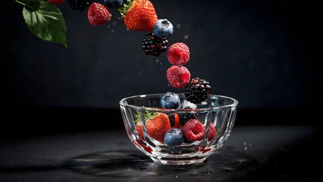 Falling berries and water droplets in crystal bowl &ndash; Ideal for berry harvest, nutrition campaigns, or beverage design.