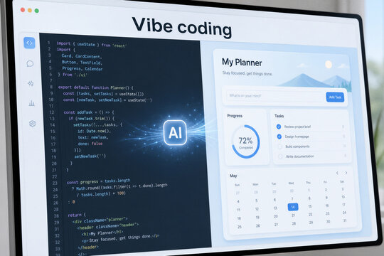 Vibe coding interface showing react code and task planner dashboard. Developer using artificial intelligence to build software application. Modern web development and digital ui design process.