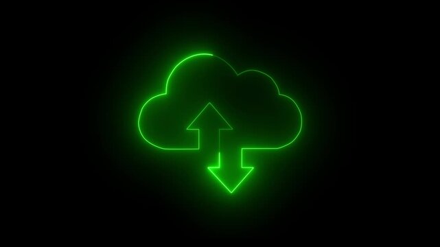 Neon glowing digital cloud icon data transfer animation on a black background. Cloud space and technology  data backup file repository upload database