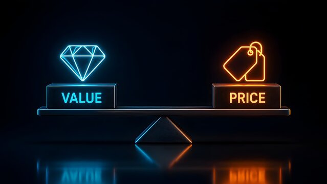 Glowing neon balance scale weighing value versus price with diamond and price tag icons on dark background