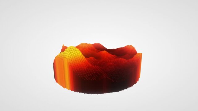 Voxel data landscape forms a dynamic 3D render with warm orange and red heightmap columns on a clean studio background for technology presentations