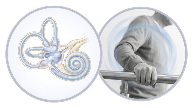 Vertigo Vestibular Disorder Inner Ear Balance, Medical illustration showing vestibular system anatomy and dizziness caused by inner ear dysfunction