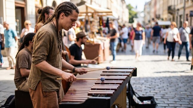 Young adult male bohemian street performer with dreadlocks playing marimba on cobblestone city street
