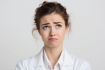 Fototapeta premium Young physician in clinical attire, confused look, clean white backdrop