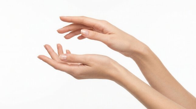 Beautiful hands of a woman in a closeup shot on white background