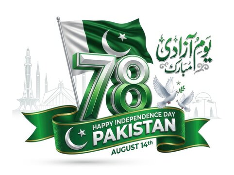 78th anniversary of pakistan independence day 14th august celebration with flag, doves, and urdu calligraphy isolated on white background