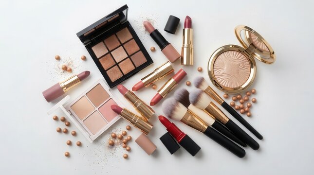 Various luxury makeup products arranged on a white background from a top view