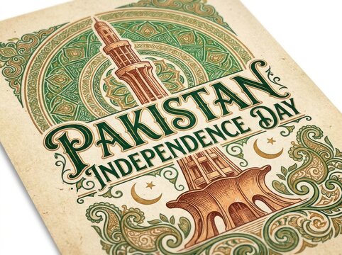 Vintage style pakistan independence day poster with minarepakistan and ornate floral patterns