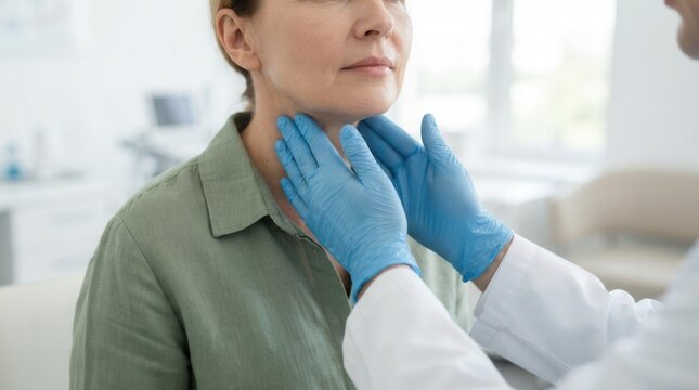 Closeup of an endocrinologist examining the thyroid gland of a patient indoors