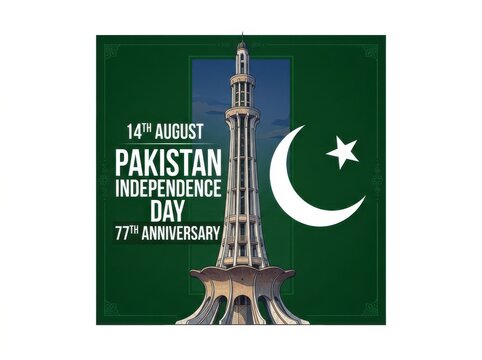 Pakistan independence day 14th august 77th anniversary poster with minarepakistan monument and crescent moon and star on green background