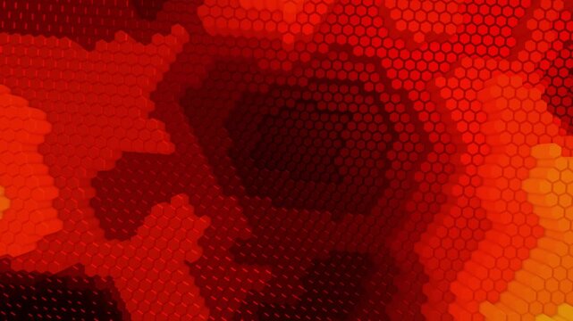 Hexagonal data grid forms a dynamic 3D render of a glowing red and orange digital heatmap surface for an artificial intelligence background loop