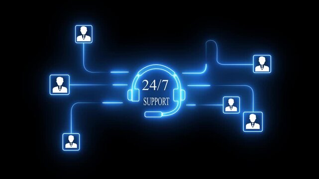 24/7 Live Support - Animated Customer Service. 24 / 7 Customer Support, Online Assistance, Service, Communication, and Digital Solutions 4k video.