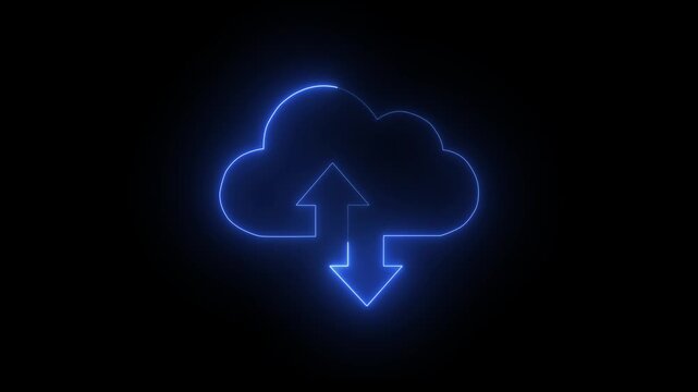 Neon glowing digital cloud icon data transfer animation on a black background. Cloud space and technology  data backup file repository upload database